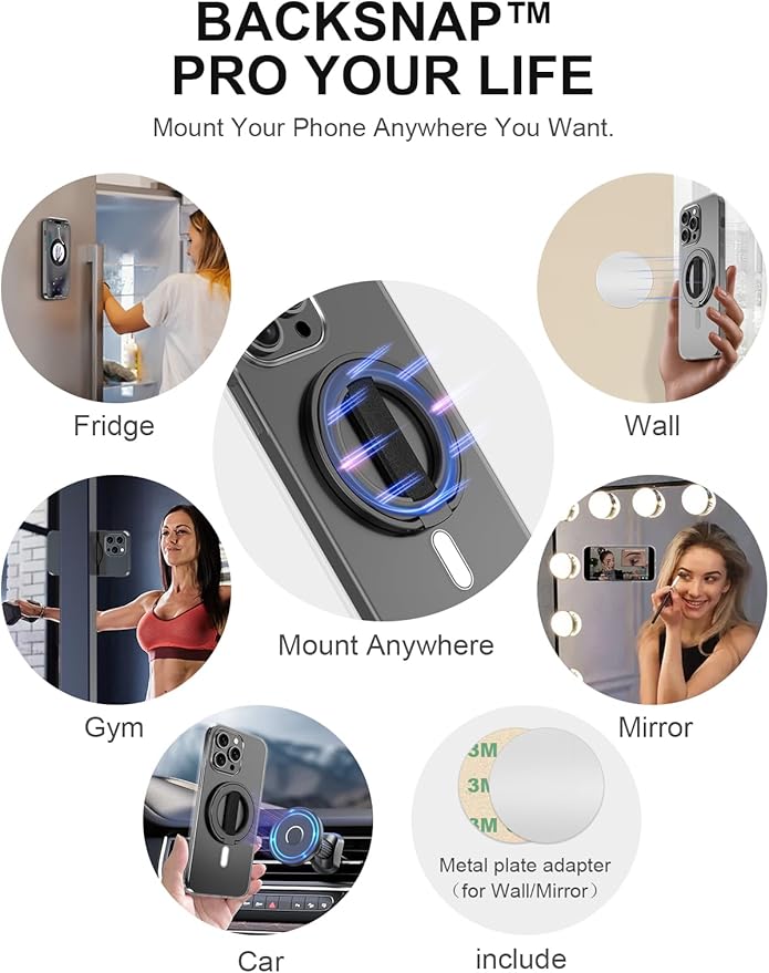 EWA MagOne Ultra Phone Grip Stand with Replaceable Elastic Finger Loop, Removable Magnetic Ring Holder Kickstand Loop, Double-Sided Magnetic Accessories for iPhone 16, 15, 14, 13 Pro/Max/Plus-Black