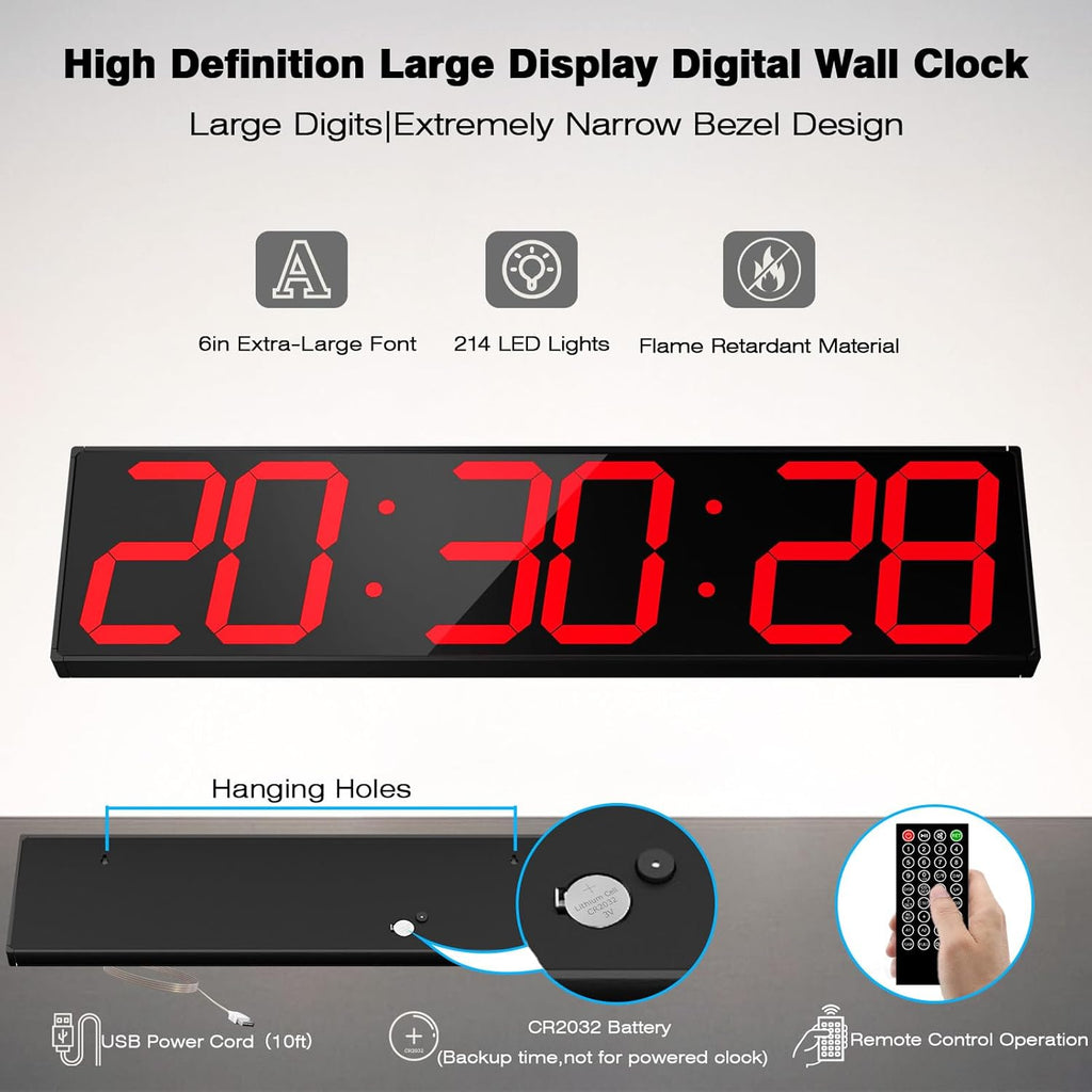 Digital Wall Clock with Large Display, 28.4‘’LED 6-Digit Large Clock with Adjustable Brightness, Multifunction Gym Clock with Countdown,Stopwatch and Workout Interval Timing (Red)