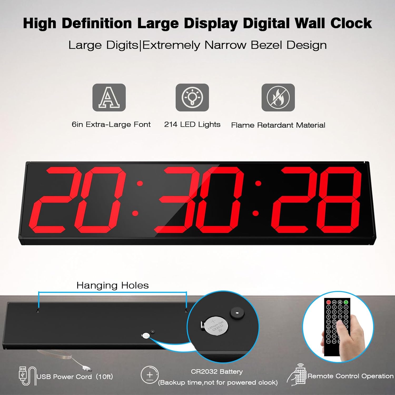 Digital Wall Clock with Large Display, 28.4‘’LED 6-Digit Large Clock with Adjustable Brightness, Multifunction Gym Clock with Countdown,Stopwatch and Workout Interval Timing (Red)