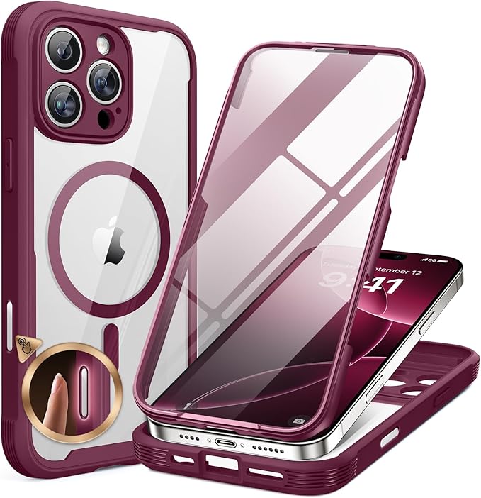 Miracase for iPhone 16 Pro Max Case 6.9'', [Bubble Free] Full-Body Bumper Phone case with Built-in Full Glass Screen &Lens Protector,Compatible with MagSafe,Drop Proof 16 Pro Max Cover,Plum