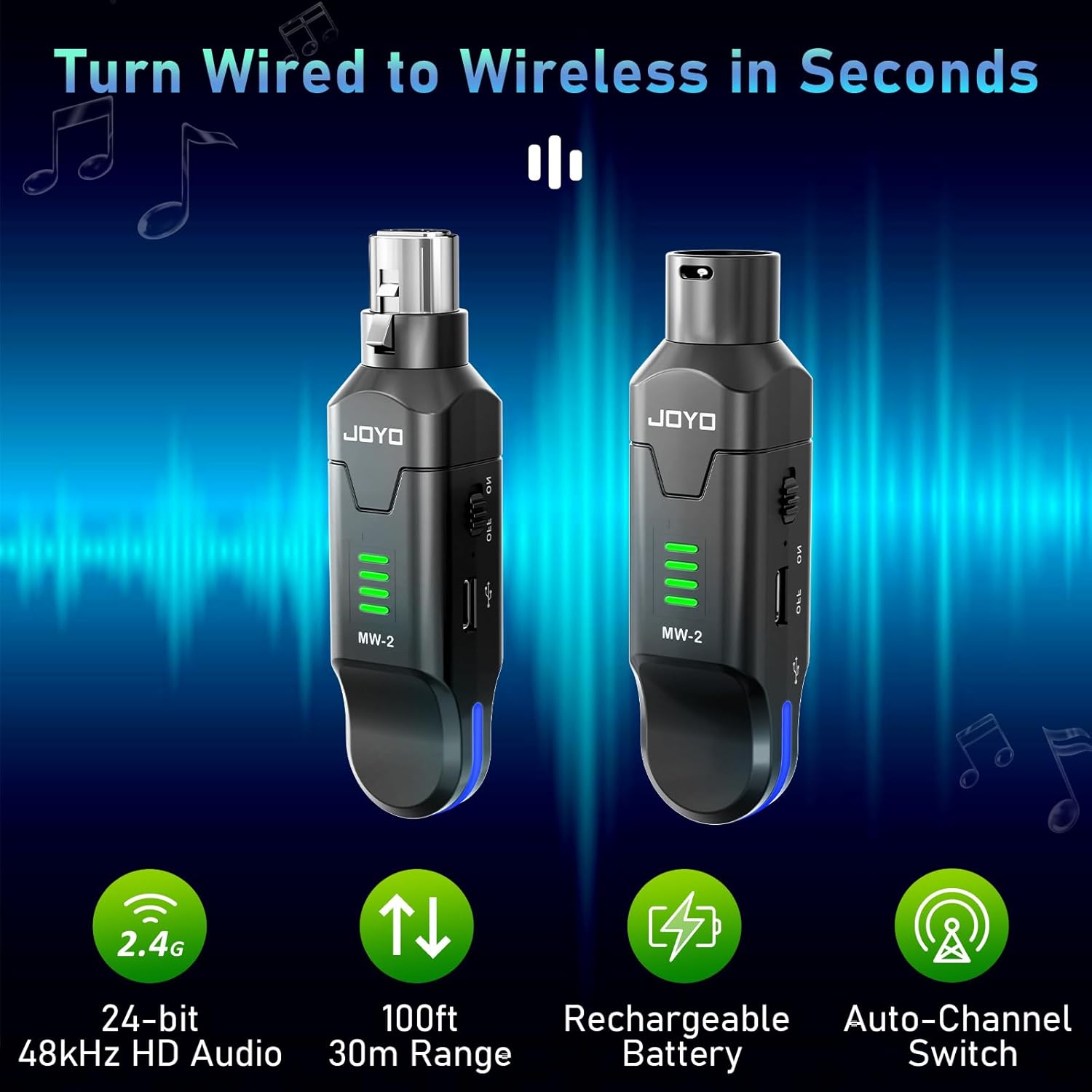 JOYO 2.4GHz Wireless Microphone System 4-Channel XLR Transmitter & Receiver Dynamic/Phantom-Powered Condenser Mics Adapter for PA Systems, Live Sound, Audio Mixer, Church, Studio (MW-2)