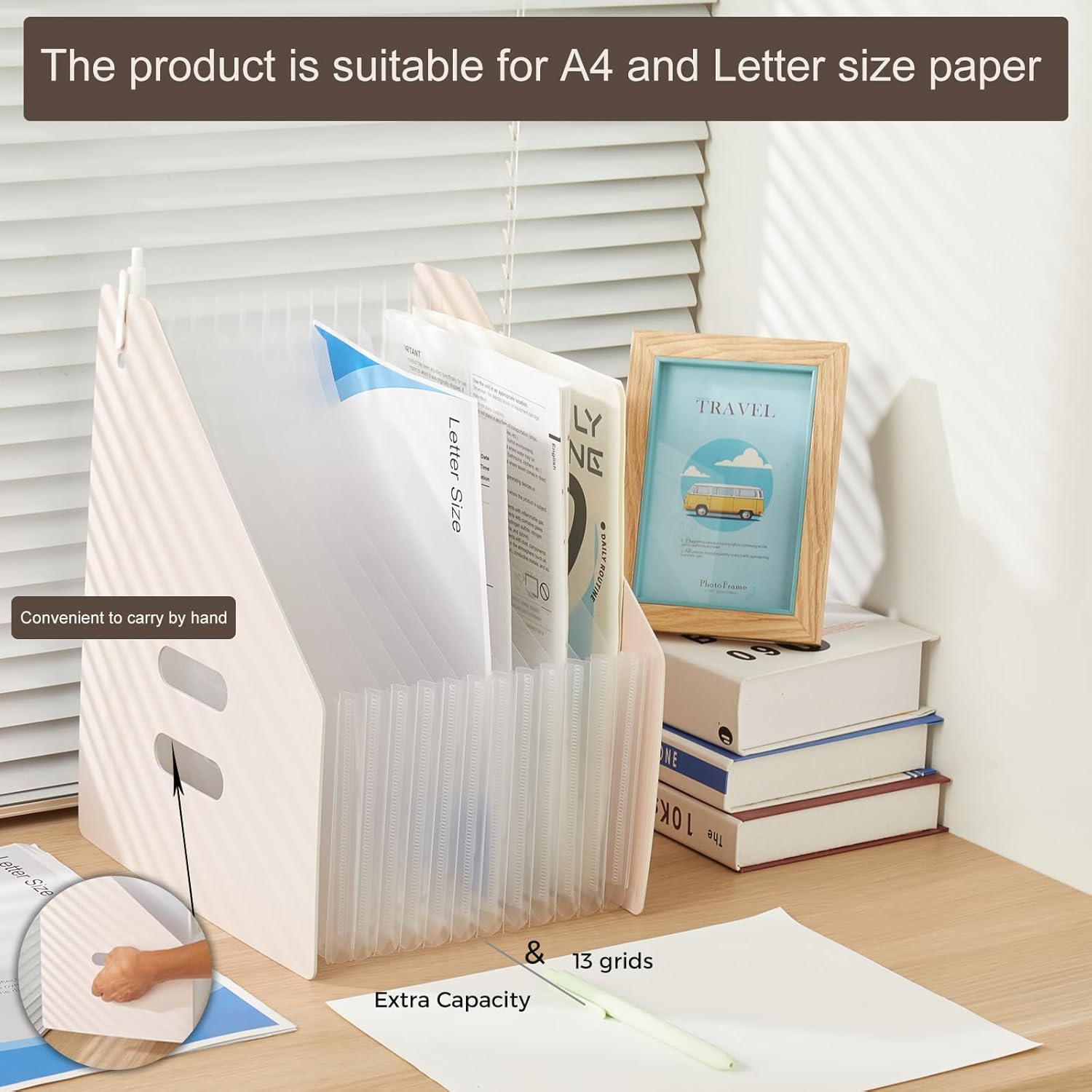 2-Piece Vertical Accordion Folder Manager, 13 Grid Expansion Pages, Vertically Opened Storage Bag for organizing Materials, School, Home, and Office letterhead, Green