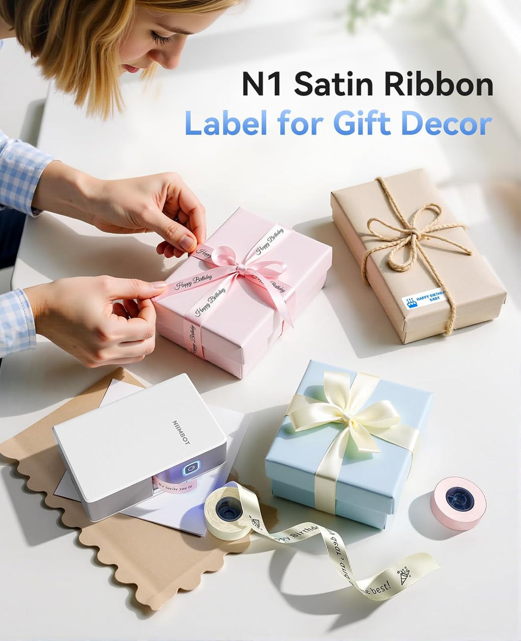 NIIMBOT N1 Label Maker with Tape, Portable Bluetooth Label Printer Support Color Ribbon Printing, Mini Sticker Labeler Rechargeable for Home Office Small Business Outdoor Storage, White