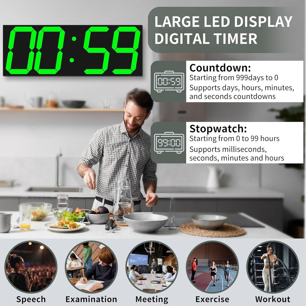 18.7in Large Digital Wall Clock,LED Digital Clock whih Big Number,Multi-Function Remote Controlled Wall Clock with Timer, Alarm and Calendar Display(Green)