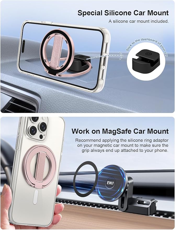 EWA MagOne Ultra Phone Grip Stand with Replaceable Elastic Finger Loop, Removable Magnetic Ring Holder Kickstand Loop, Double-Sided Magnetic Accessories for iPhone 16, 15, 14, 13 Pro/Max/Plus-Roseglod
