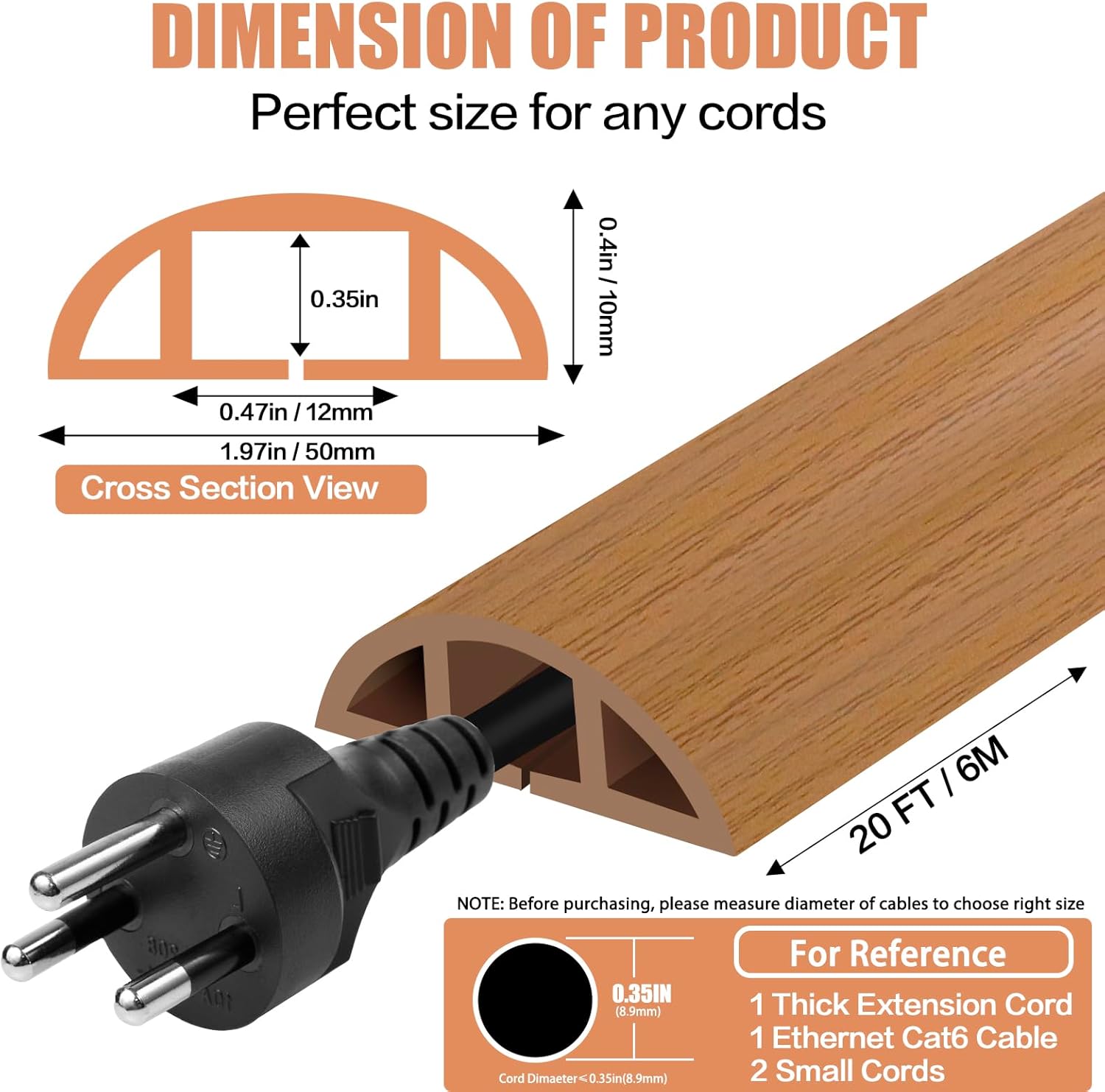 Floor Cord Cover Self Adhesive Cord Hider,20FT Cable Management, Extension Strip Protector for Wires, Prevent Cable Trips for Offices, Gyms, Exhibitions Cavity:0.47"(W) x 0.35"(H) Brown Wood