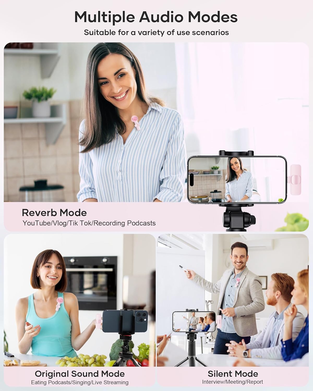 Wireless Lavalier Microphone for iPhone iPad and Android Phone, 2 Pack Lapel Mic Plug and Play Wireless Mic Noise Reduction Microphone for Video Recording Interview Podcast Vlog YouTube Tiktok (Pink)