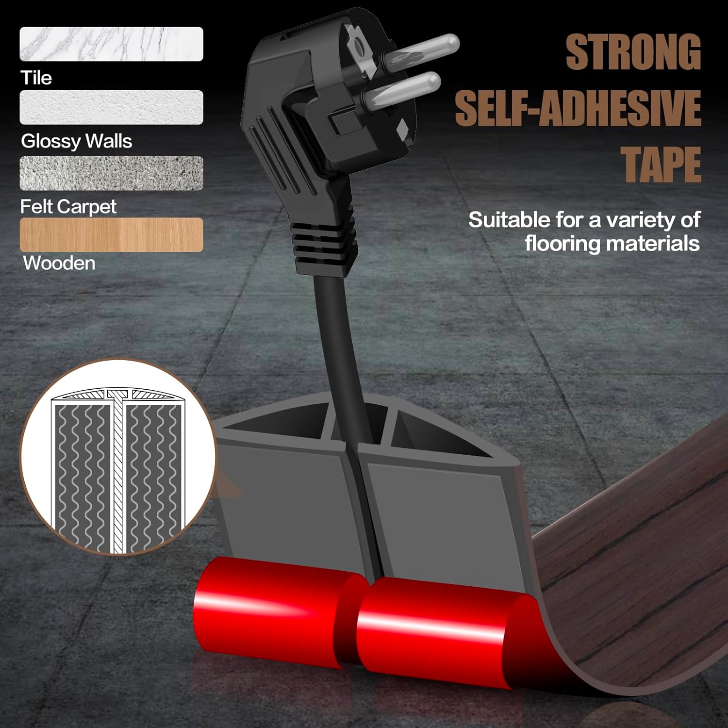 Floor Cord Cover Self Adhesive Cord Hider,10FT Cable Management, Extension Strip Protector for Wires, Prevent Cable Trips for Offices, Gyms, Exhibitions Cavity:0.39"(W) x 0.27"(H) Black Wood