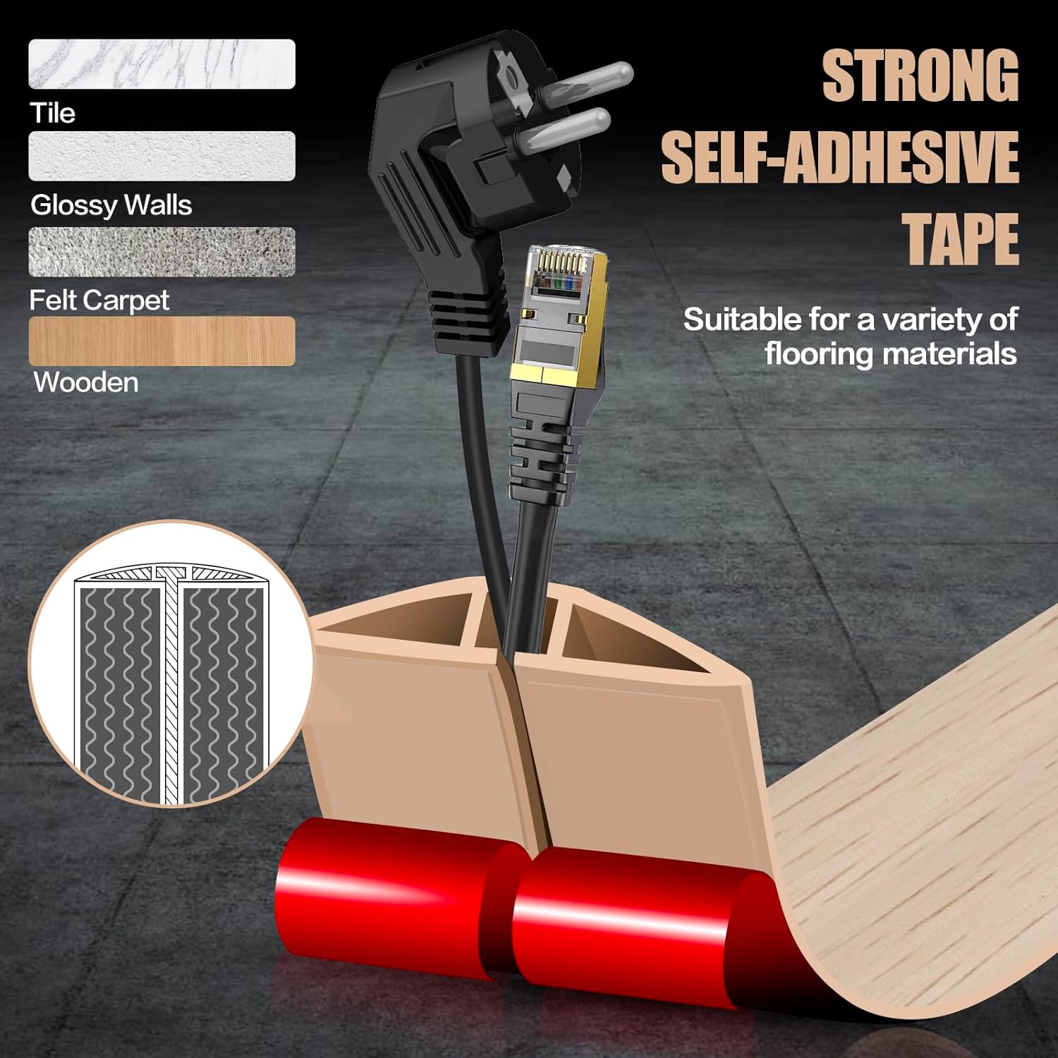 Floor Cord Cover Self Adhesive Cord Hider,3.3FT Cable Management, Extension Strip Protector for Wires, Prevent Cable Trips for Offices, Gyms, Exhibitions Cavity:0.51"(W) x 0.3"(H) Yellow Wood