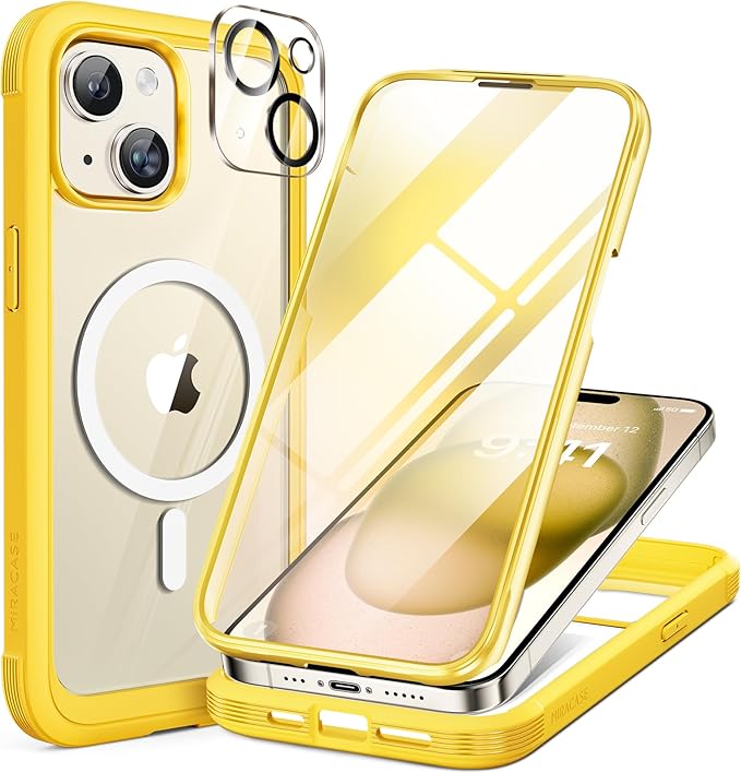 Miracase Glass Series for iPhone 15 Case [Compatible with MagSafe] Full-Body Magnetic Case with Built-in 9H Tempered Glass Anti-Fingerprint Screen Protector + Camera Lens Protector, Lemon Yellow