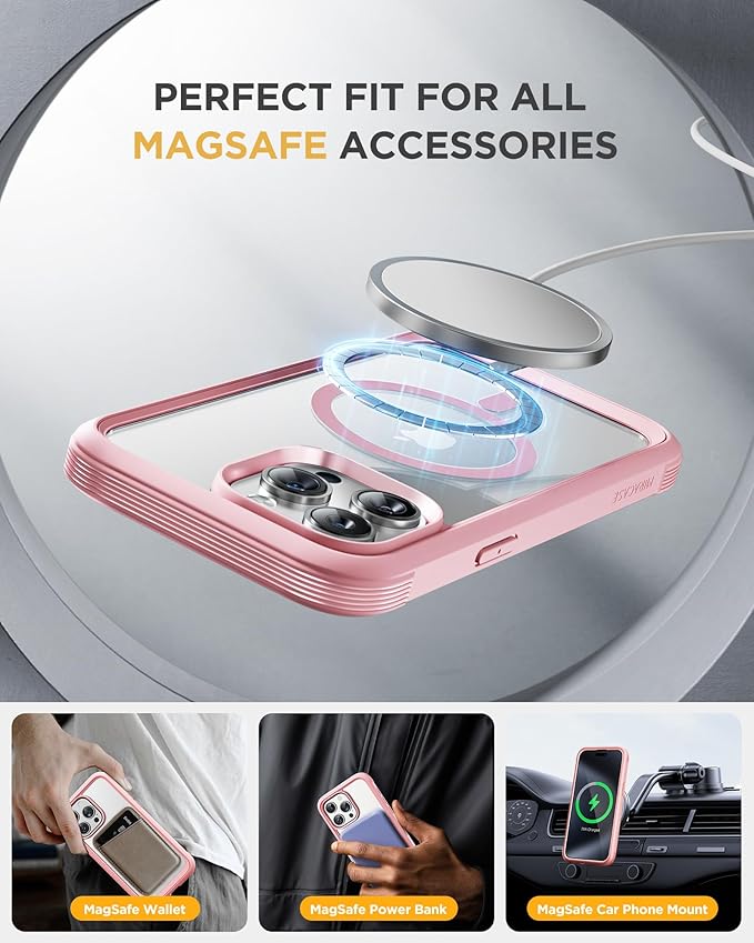 Miracase Magnetic for iPhone 15 Pro Max Case 6.7'' [Compatible with Magsafe] Full-Body Military Drop Proof for iPhone 15 ProMax Case with Built-in 9H Tempered Glass Screen Protector,Pink