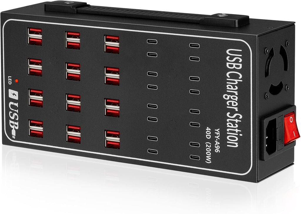 200W USB~c Charging Station, 40 Port (24 USB A & 16 USB~C Port) USB~C Charger Block, Fast Charging Station for Multiple Devices, Desktop USB Charger Compatible for iPhone, iPad, Tablets