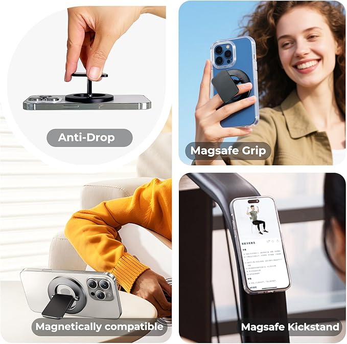 Dual-Side for Magsafe Phone Grip with Magnetic Phone Stand, Magnet Ring Holder for iPhone 16/15/14/13/12 Pro Max Series Magsafe Case, Strong Magnetic Car Mount, Gym Phone Holder