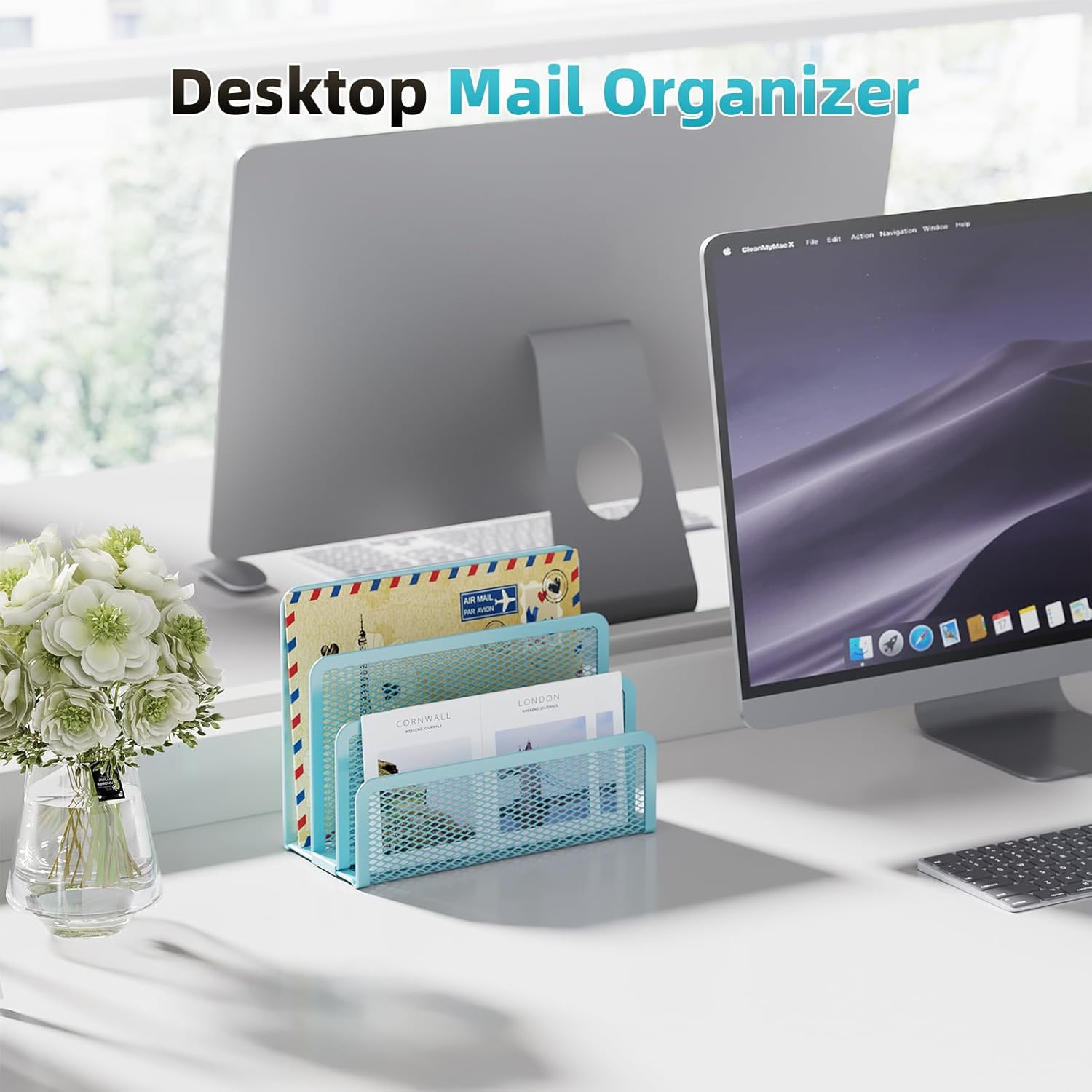 Marbrasse Mail Organizer for Desk, 3-Slot Mesh Metal Mail Holder countertop, Letter Holder, Office Desktop Envelope and Document Storage Rack (Blue)