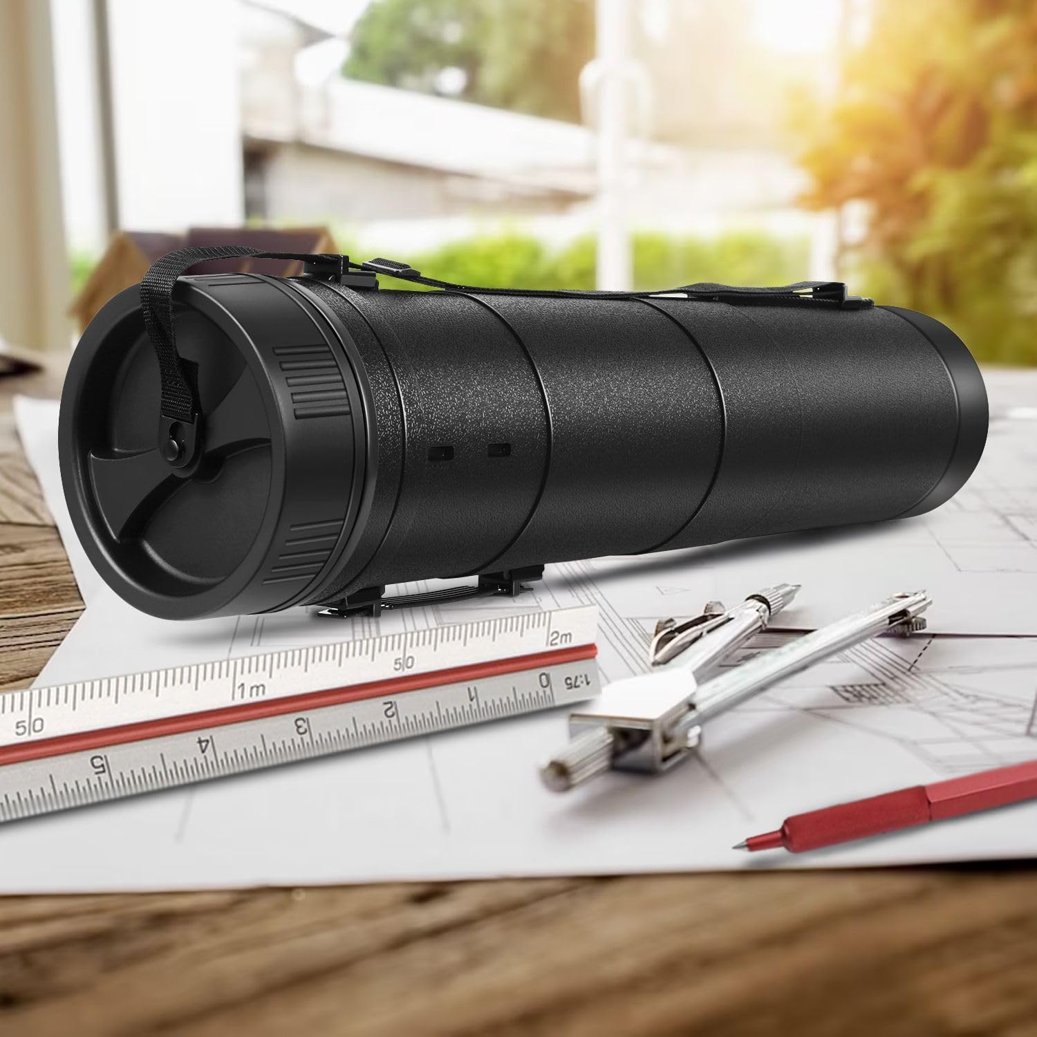 Flexzion Poster, Art, Document Tube with Strap, Expandable Waterproof Plastic Container, Telescoping Cylindrical Storage Case, Portable Paper Holder for Draft Sketch Blueprint, 6.5 IDx32-51.6 Inch