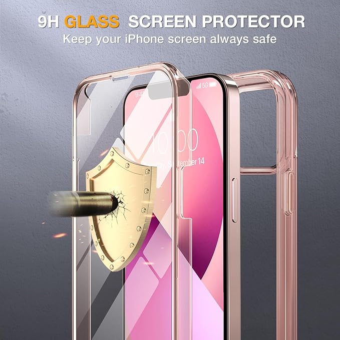Miracase for iPhone 13 Case 6.1'', [Bubble Free] Full-Body Bumper Phone case with Built-in Full Glass Screen,No Gap,Compatible with MagSafe,Clear Pink