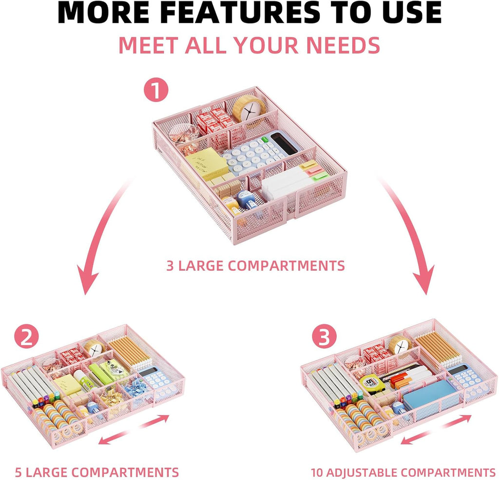 Marbrasse Expandable Desk Drawer Organizer, Mesh Tray with 10 Adjustable Compartments, Desk Organizers for Office Supplies, Makeup & Vanity (Expandable-Pink)