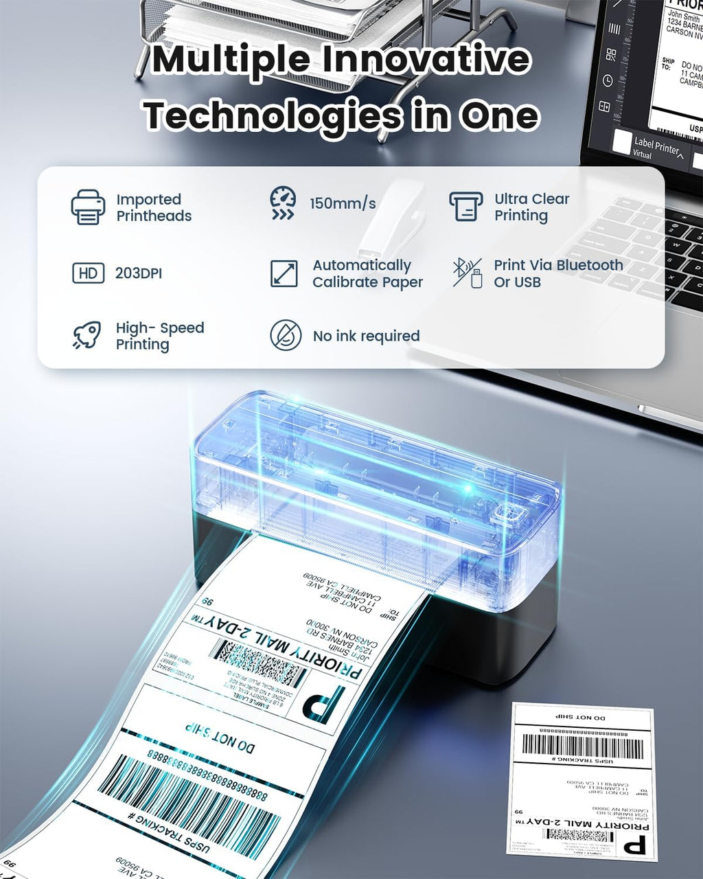 Phomemo Shipping Label Printer, 241BT 4X6 Wireless Thermal Label Printer for Small Business, Labels Printers for Shipping Package, Compatible with iPhone, Android, Amazon, Shopify, UPS, Black