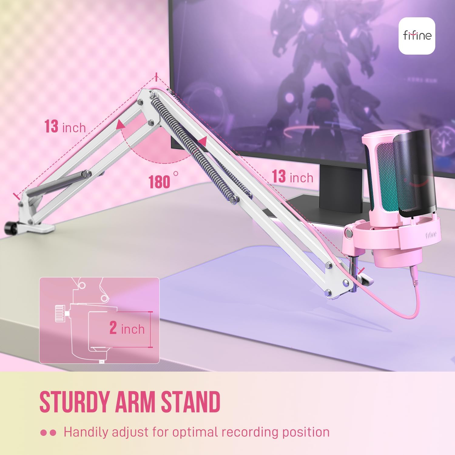 FIFINE USB Streaming Microphone with Boom Arm, Gaming Mic Kit for PC PS4/PS5, Podcast Microphone for Podcast with RGB Control, Mute Button, Gain Knob, Headphones Jack, Pop Filter-A8T Pink