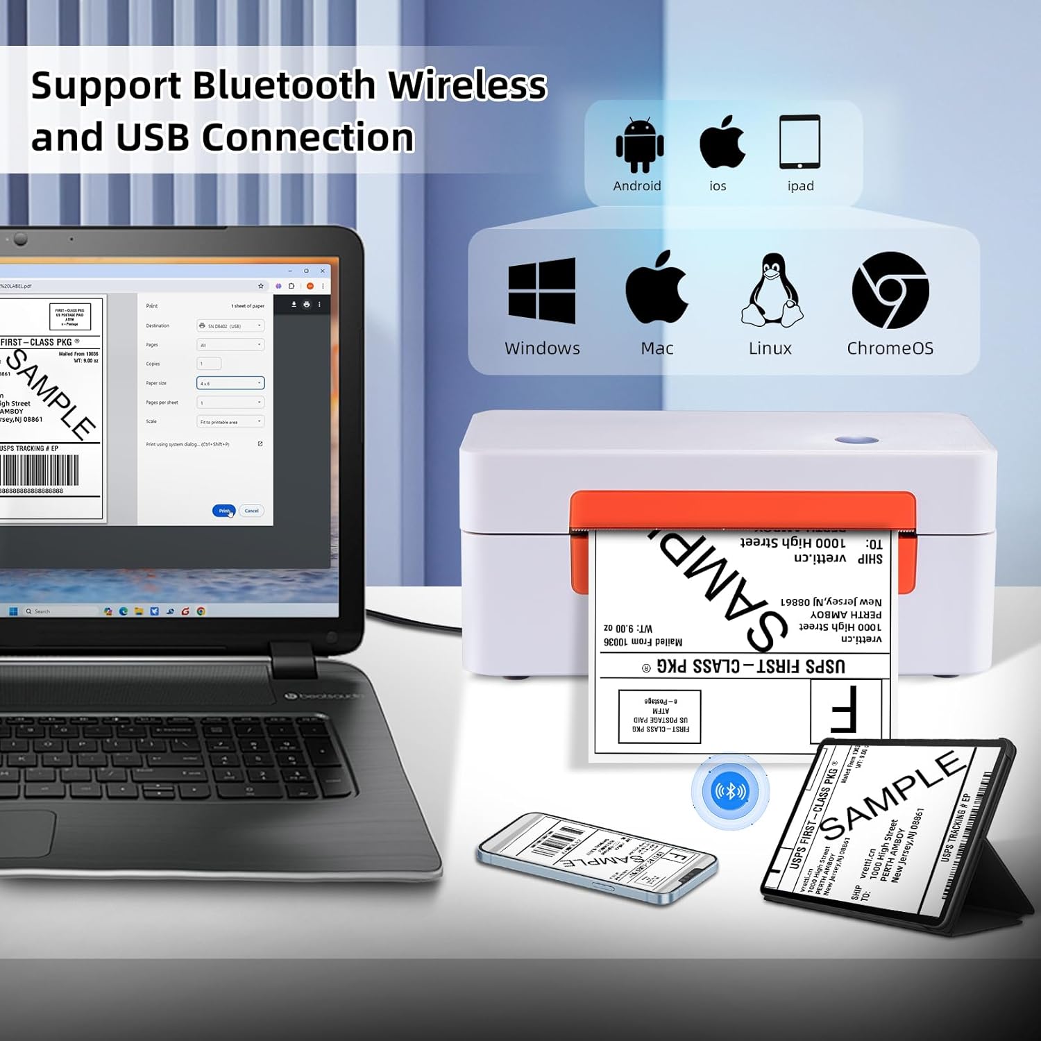 vretti Bluetooth Shipping Label Printer - 4x6 Thermal Label Printer for Shipping Packages Small Business Office or Home,Widely Used for Amazon, Ebay, Shopify, Etsy, USPS