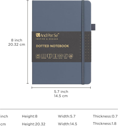 &And Per Se Bullet Dotted Journal Notebook, A5 Leather Hardcover, 176 Numbered Pages 100GSM Thick Dotted Paper, 2 Sheets of Stencils Included - 5.7'' x 8'' (Dark Blue)