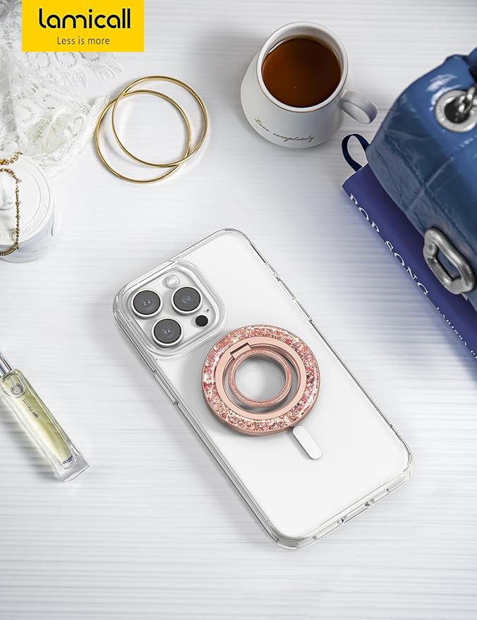 Lamicall Magnetic Twinkle Ring for MagSafe Grip - Stylish Glitter for Mother, Magnet Phone Ring Finger Holder Stand, Upgrade Gear Hinge Mag Safe Accessories for iPhone 16 15 Pro Max, Rose Gold