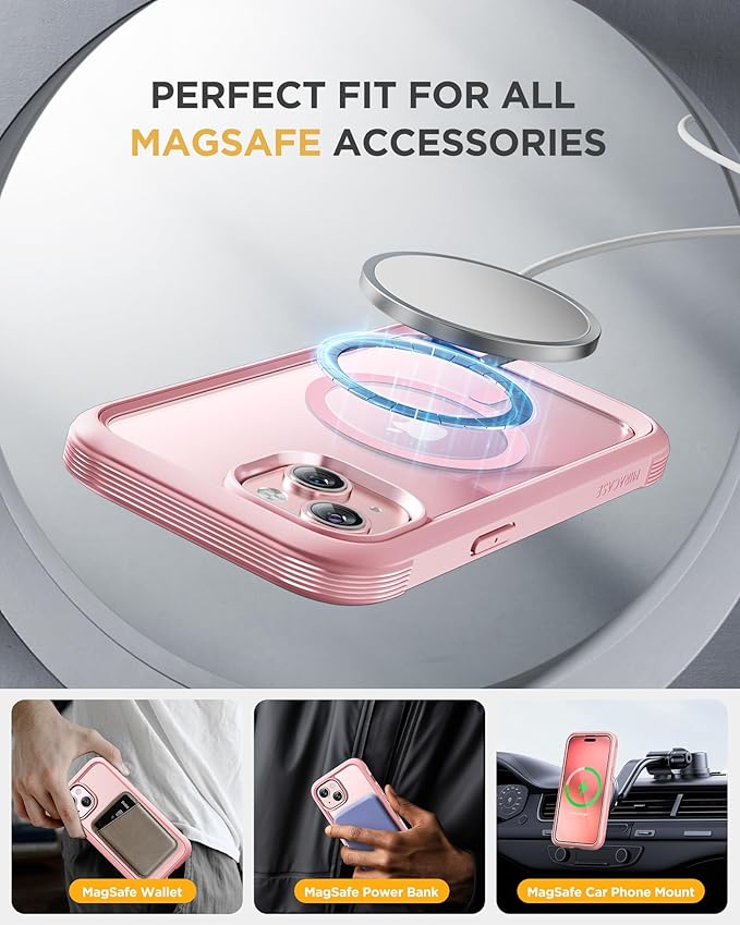 Miracase Glass Series for iPhone 15 Case [Compatible with MagSafe] Full-Body Magnetic Case with Built-in 9H Tempered Glass Anti-Fingerprint Screen Protector + Camera Lens Protector, Pink and Clear