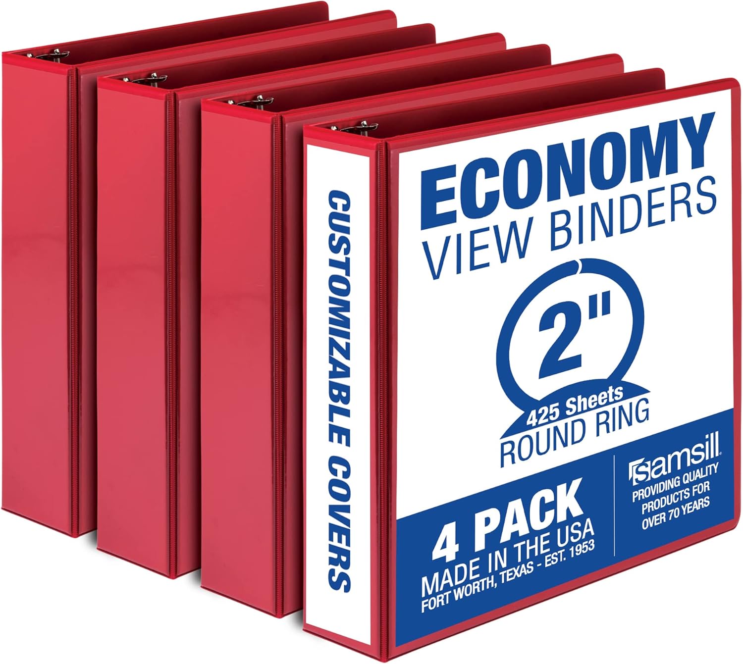 Samsill 2 Inch 3 Ring Binders, Made in USA, Economy Round Ring, Clear View Cover, 425 Sheet Capacity - for School, Home, Office - Red, 4 Pack