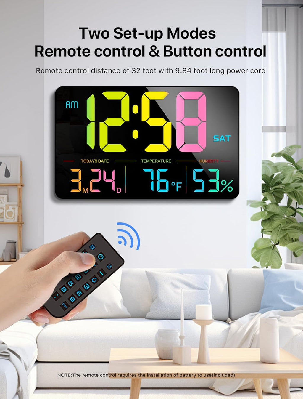 MASHI Digital Clock, 13" Large Display Digital Wall Clock, Adjustable Brightness Calendar Clock with Day and Date,DST,Alarms,Humidity,Temperature for Desk,Wall Mounted (Black Case Color Light)