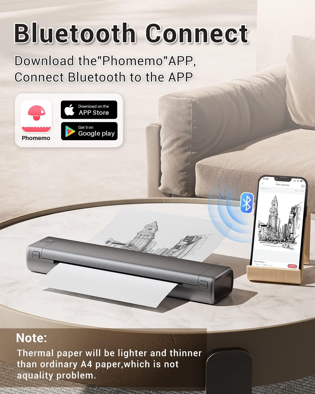 Phomemo Inkless Portable Printer for Travel - Wireless Thermal Printer Compatible with Phone & Laptop, Bluetooth Printers Supports 8.5" X 11" Letter Thermal Paper, Come with Carry Case