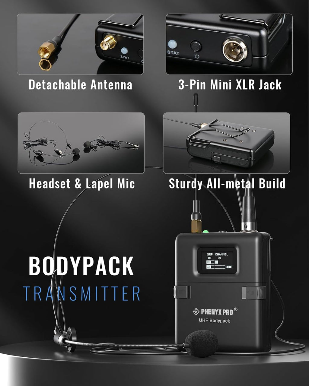 Phenyx Pro Wireless Microphone System, True Diversity Dual Cordless Microphone Set w/UHF Handheld/Bodypack/Headset/Lapel Mics, Auto Scan, 2x1000 Channels for Stage & Studio (PTU-2U-1H1B)