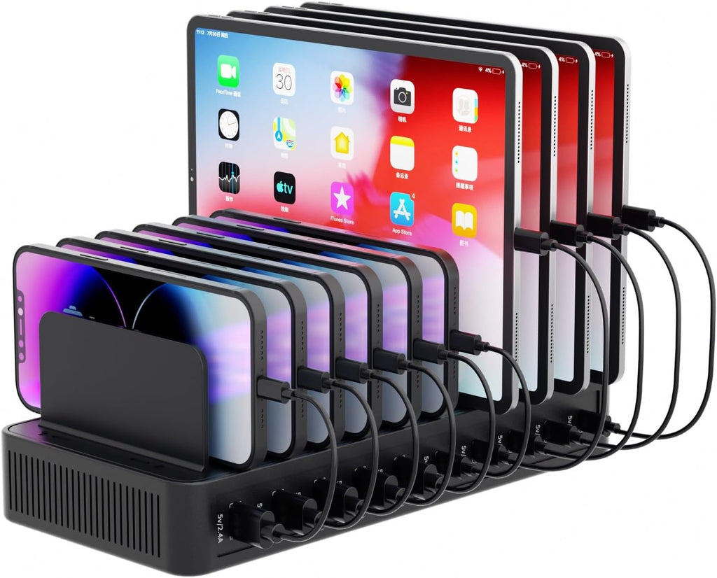 60W Charging Station for Multiple Devices, 10-Port USB Fast Charging Station with Adjustable Dividers - Device Organizer Charging Dock for iPhone, Android, iPad, Tablets & More