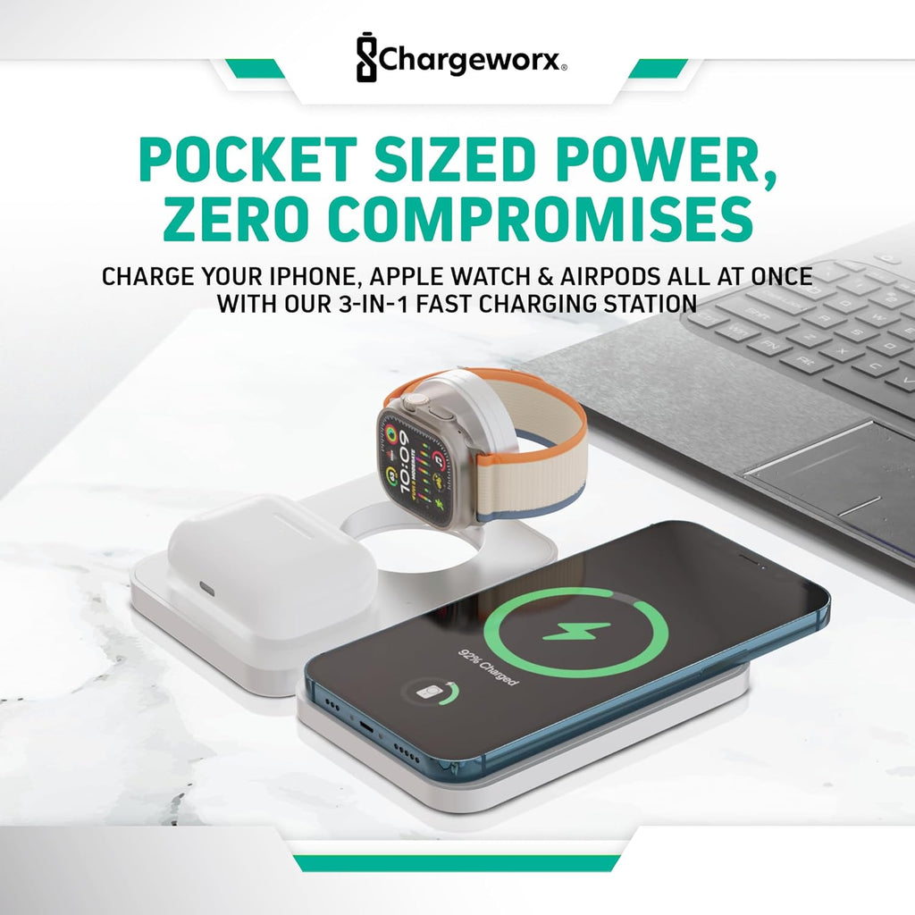 CHARGEWORX 3-in-1 Wireless Charger, Foldable Magnetic Charging Station with 15-Watt Fast Charging, Compatible with iPhone, Samsung, and Other Phones, Smartwatches, and Headphones, White