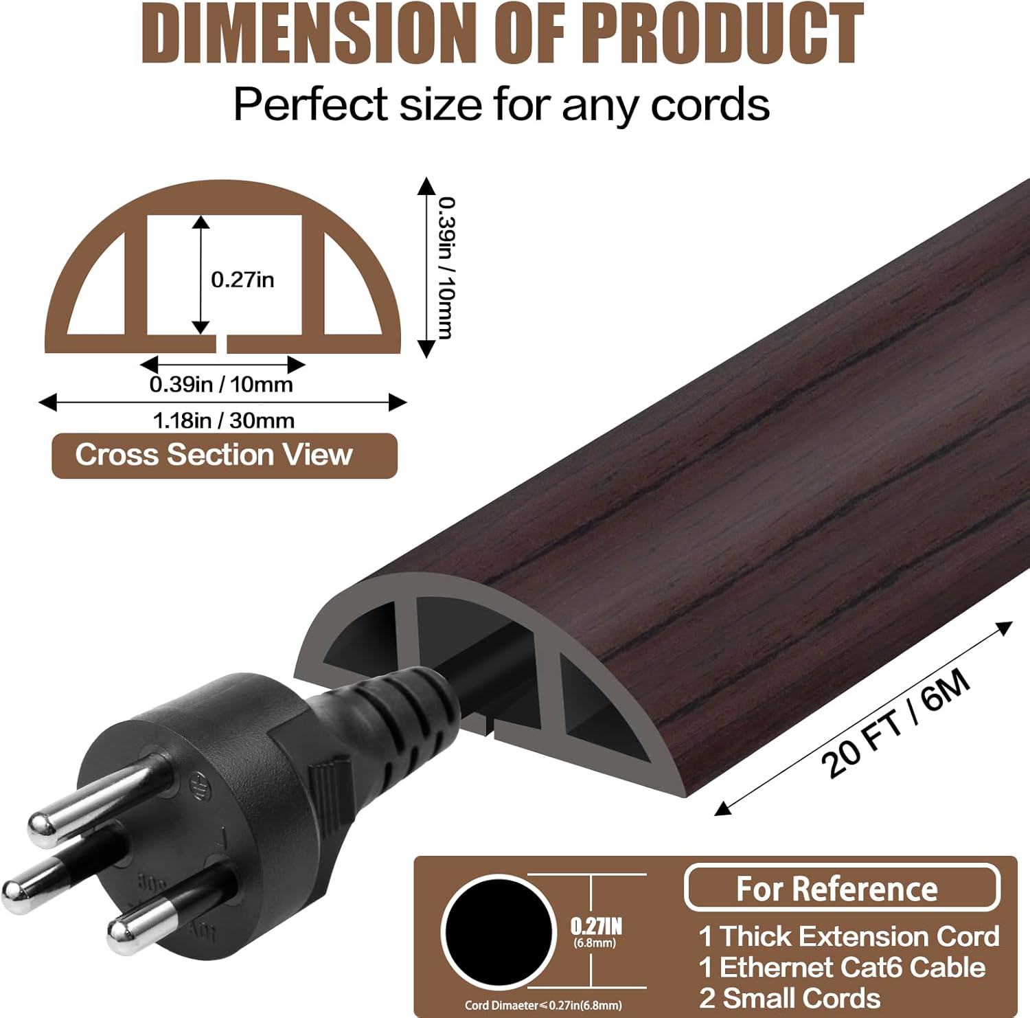 Floor Cord Cover Self Adhesive Cord Hider,20FT Cable Management, Extension Strip Protector for Wires, Prevent Cable Trips for Offices, Gyms, Exhibitions Cavity:0.39"(W) x 0.27"(H) Black Wood