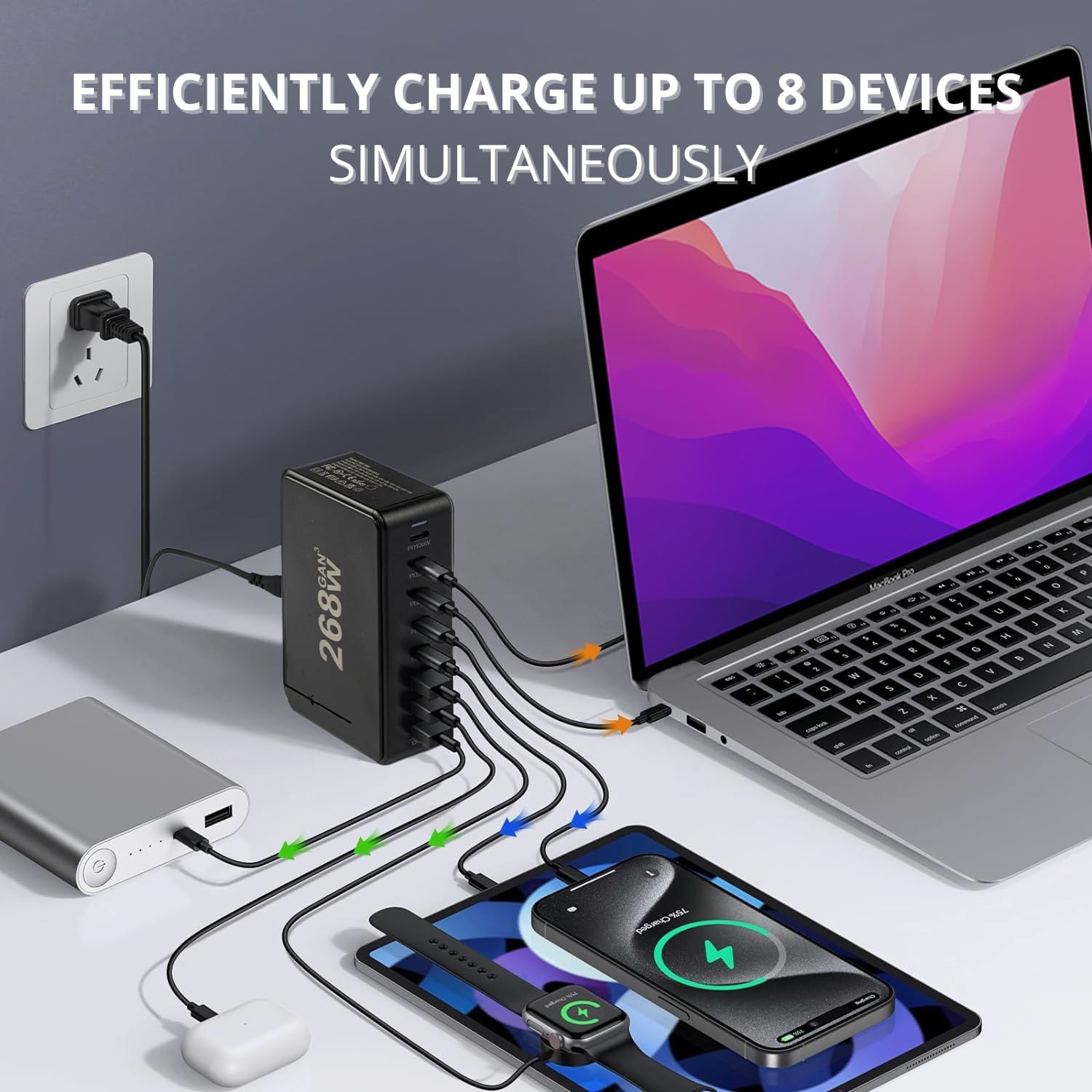 268W GaN USB Type C Charger 8 Ports Fast Charging Station PD QC4.0, USB C Laptop Charger Compatible with MacBook Pro/Air, iPads, Samsung Galaxy Note, iPhone 16/15/14/13/12 Mini/Pro/Pro Max