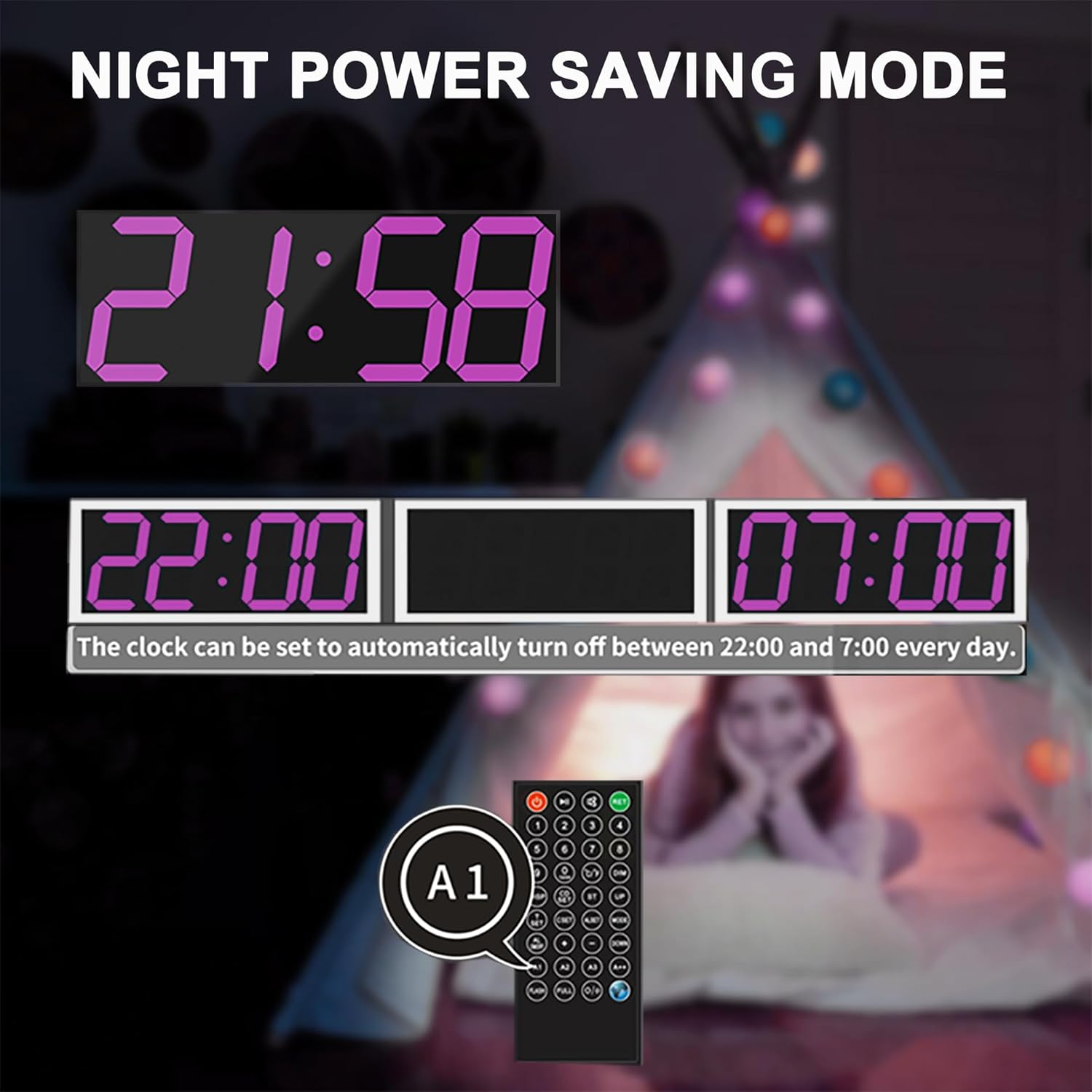 LED Large Digital Wall Clock, Oversize Wall Clock with 6” Numbers, Remote Control Count up/Countdown Timer Clock, Auto Dimmer, Big Calendar and Thermometer(Purple)