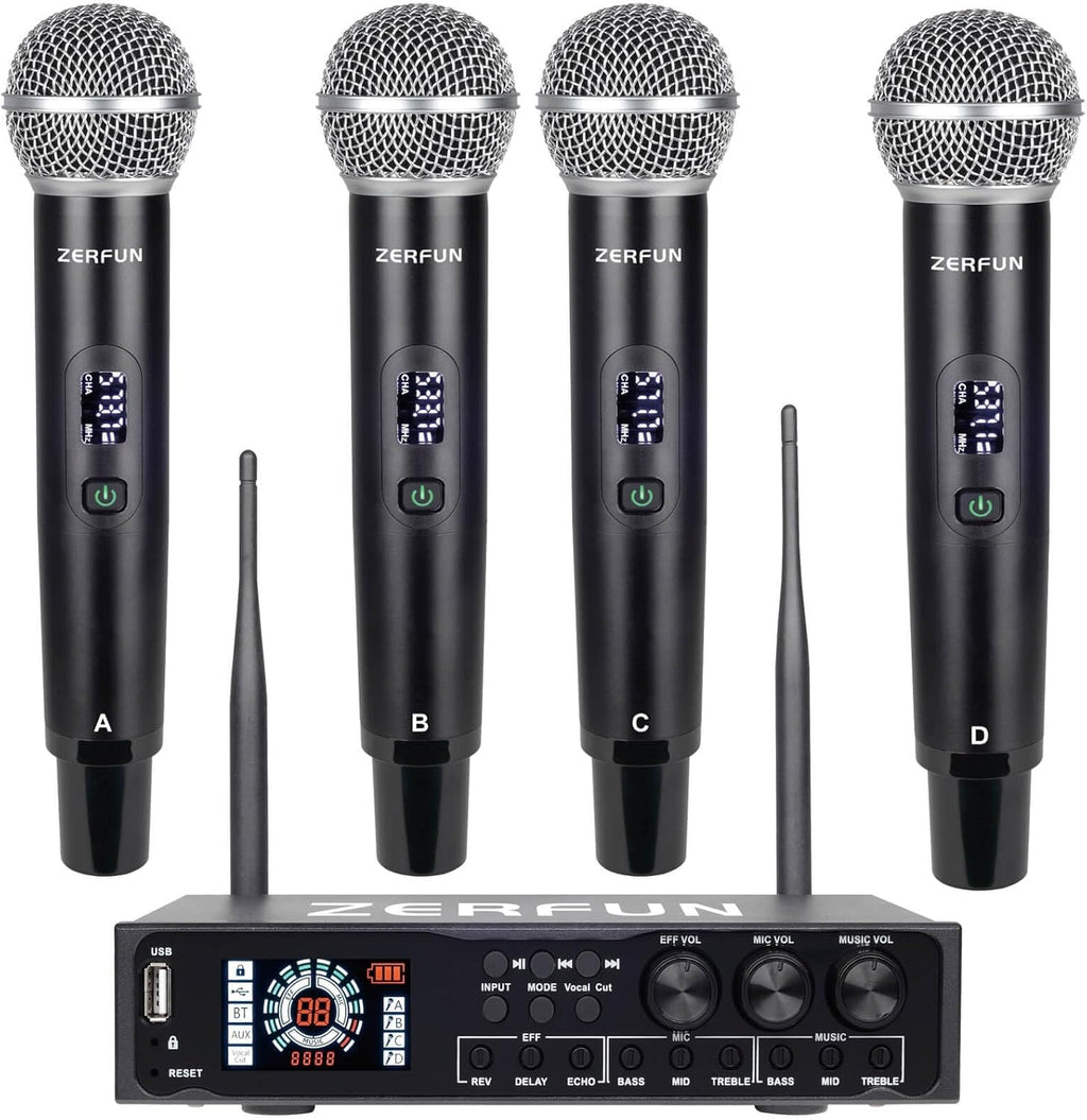 4 Channel Rechargeable Wireless Microphone System Pro & Pre Effector, UHF Metal Handheld Cordless Mics with Vocal Cut, Bluetooth, USB Port, XLR, 1/4, Optical, RCA Input/Output, LCD Display