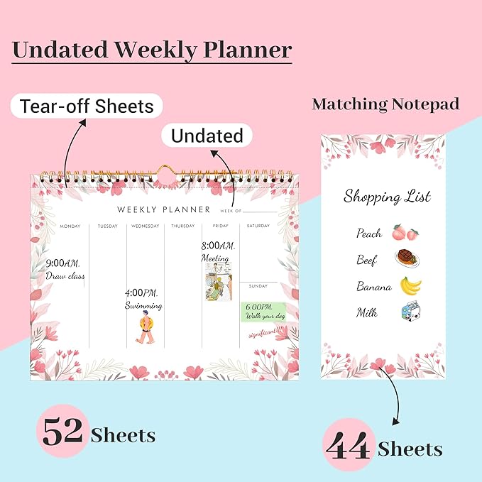 8.5x11 Weekly Planner Notepad Undated To Do List Note pad 52 Weekly Desk Wall Planner Calendar Hangble Daily Planning Pad for Work,Home,School,Ofiice Supplies,Matching 44 Notepad,Pink