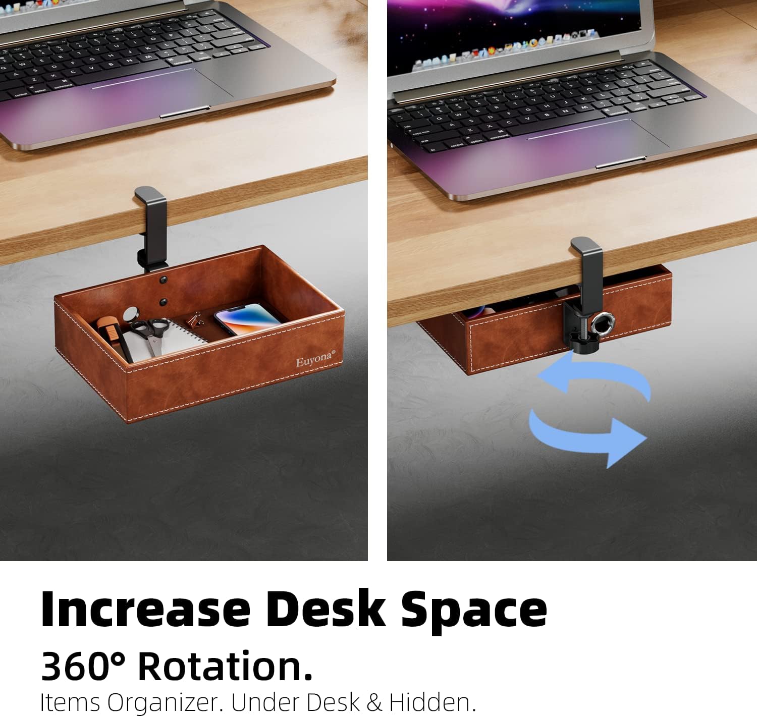 PU Leather Under Desk Drawer Organizer, 360° Rotating Clamp for Stationery, Remote Control, Phone & Pencil Storage, Computer Desk Accessories (Brown)