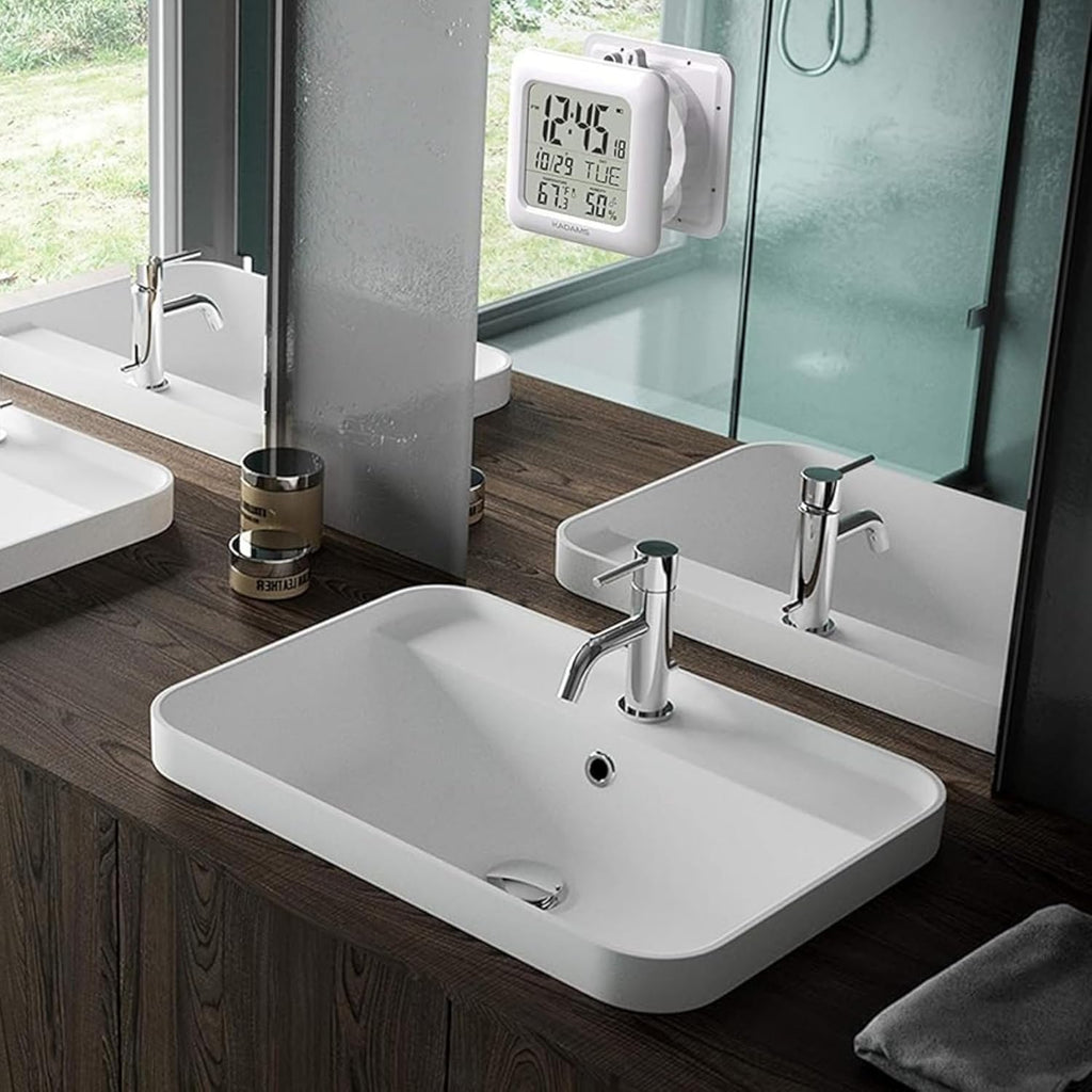 KADAMS Bathroom Clock 9.5" Kitchen Wall Clock with Large LCD Screen – Shower Clock with Suction Cup,Temperature, Humidity, Calendar – Water-Resistant, 4 Mounting Options, White