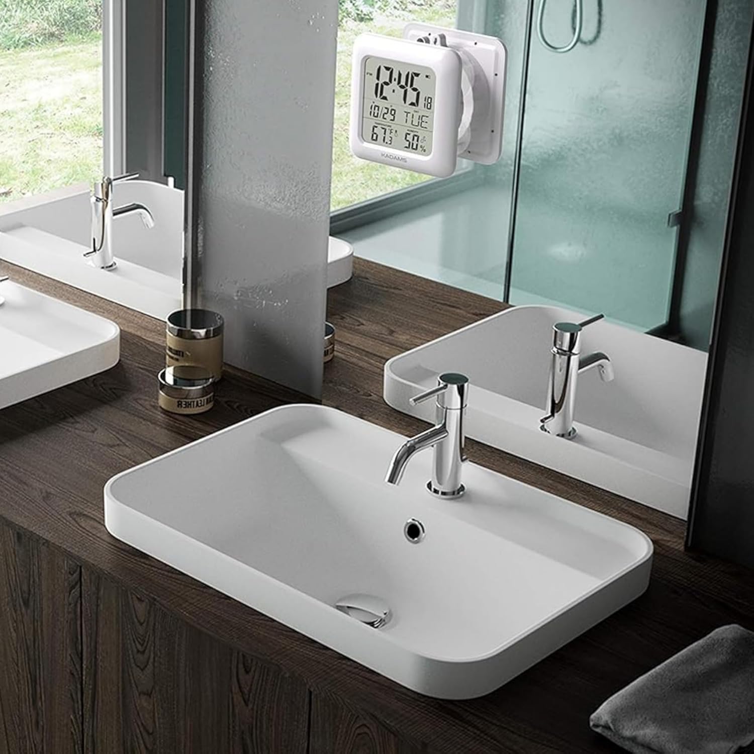 KADAMS Bathroom Clock 9.5" Kitchen Wall Clock with Large LCD Screen – Shower Clock with Suction Cup,Temperature, Humidity, Calendar – Water-Resistant, 4 Mounting Options, White