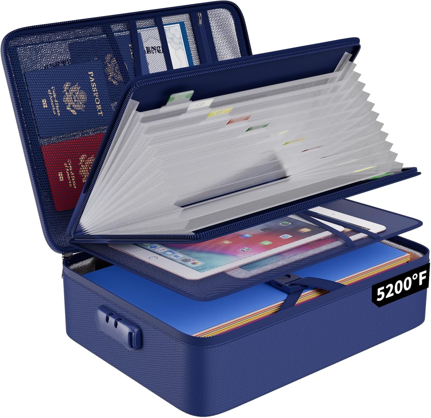 ENGPOW 5200℉ Fireproof File Organizer Bag with 13 Pocket Accordion File Folder,Document Organizer Box with Lock&Labels,Multi-Layer Portable Home Travel Safe Storage Box for Important Documents,Blue