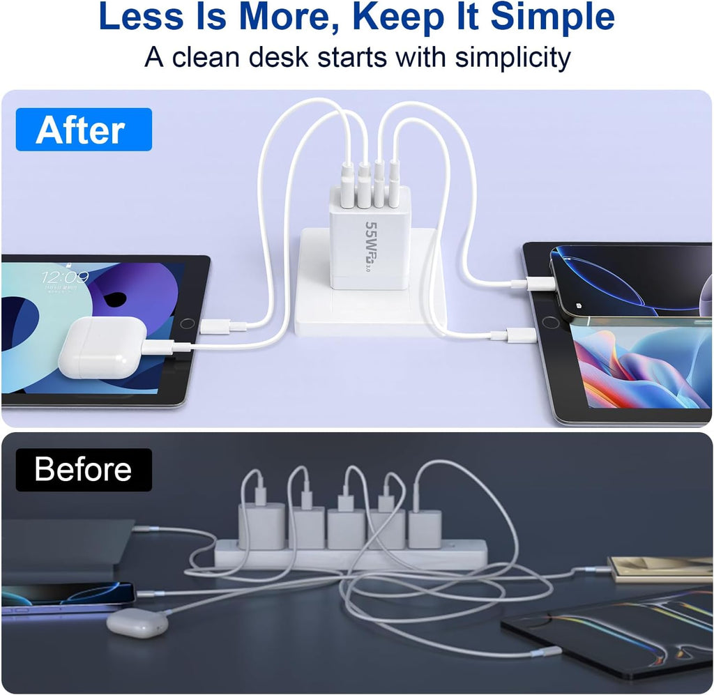 USB C Charger Block, 55W 4-Port USB C Fast Wall Charger Dual Port QC + PD 3.0 Power Adapter, Multiport Type C Charging Cube with Lightning Cable for iPhone 16 15 14 13 12 11 Pro Max XS,Samsung,Tablets