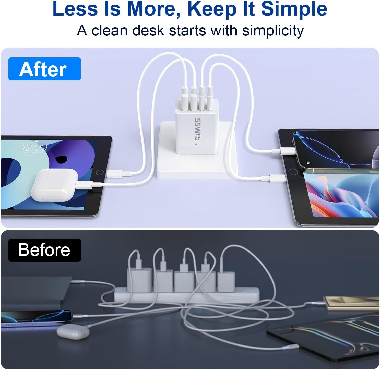 USB C Charger Block, 55W 4-Port USB C Fast Wall Charger Dual Port QC + PD 3.0 Power Adapter, Multiport Type C Charging Cube with Lightning Cable for iPhone 16 15 14 13 12 11 Pro Max XS,Samsung,Tablets