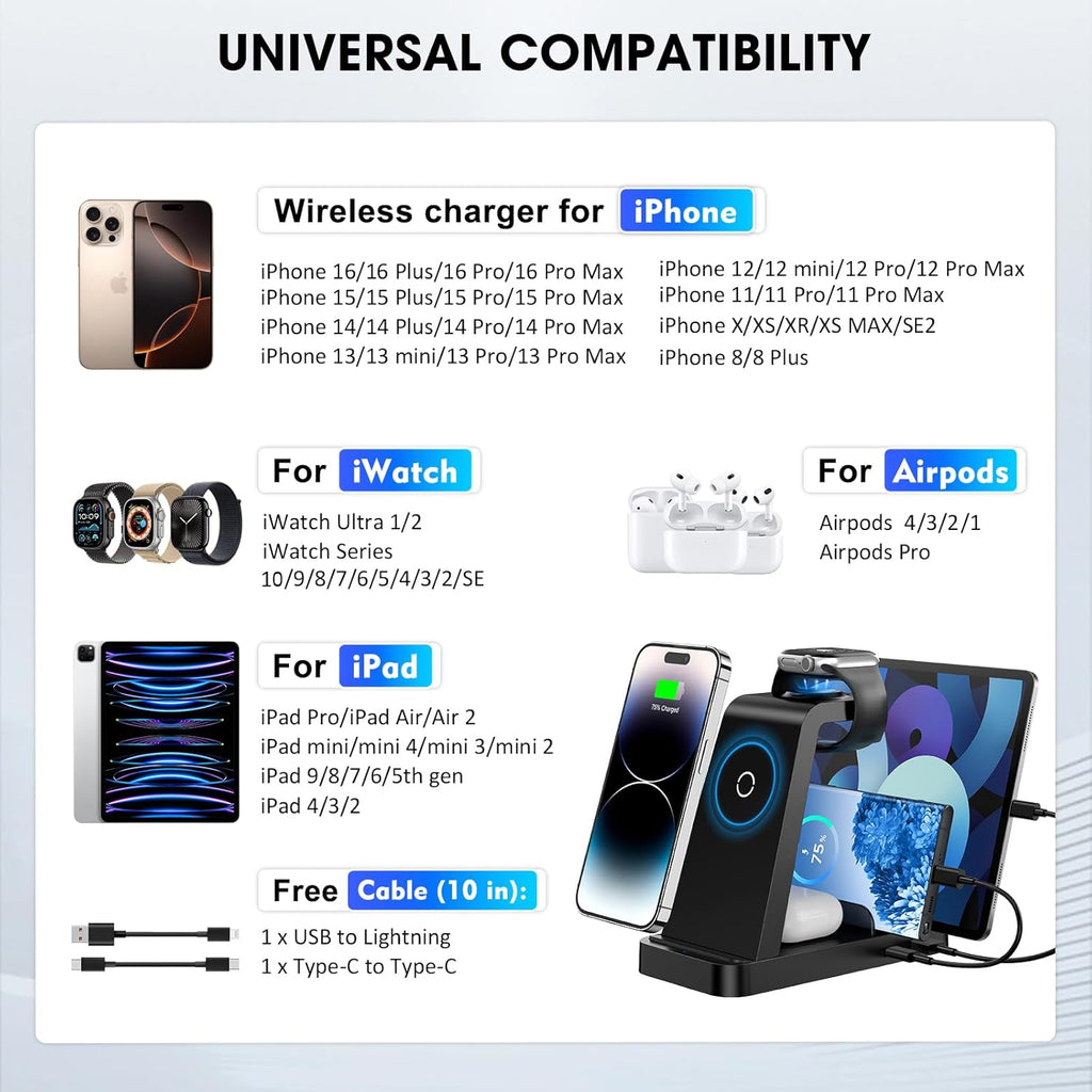 Wireless Charger for iPhone - 5 in 1 Charging Station for Multiple Devices Apple: Fast Wireless Charging Stand Dock for iPhone 17 16e 16 15 14 13 12 Pro Max Apple Watch Airpods