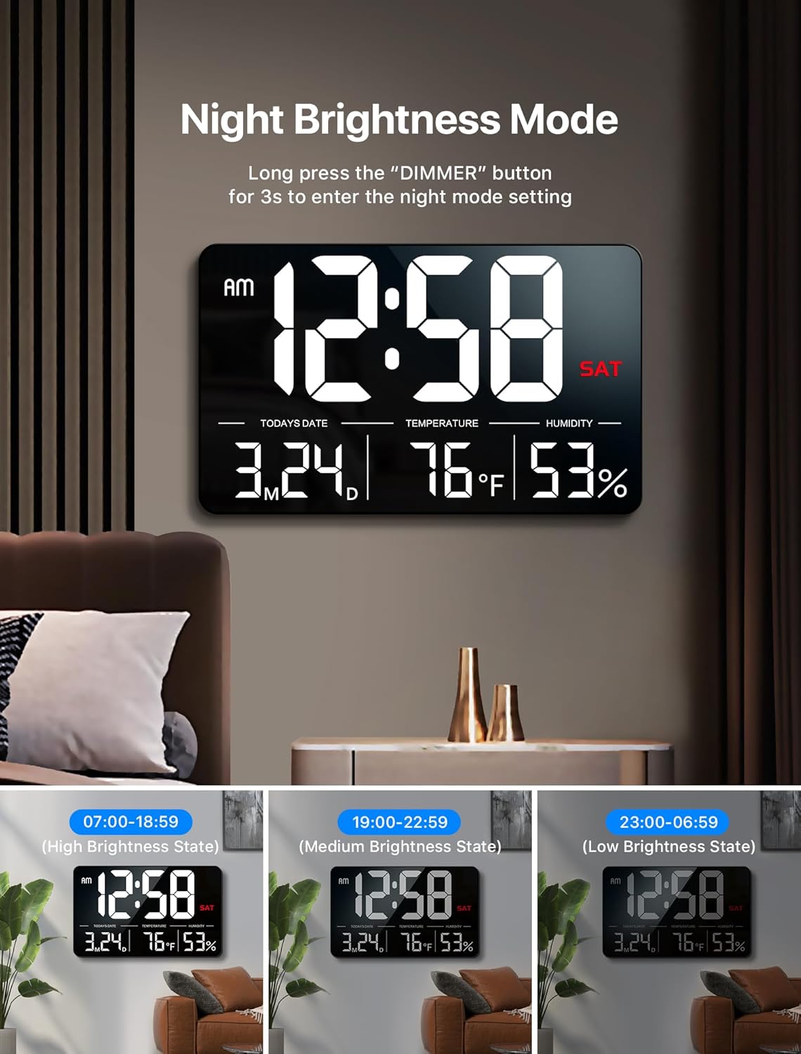 MASHI Digital Clock,13" Large Display Digital Wall Clock, Adjustable Brightness Calendar Clock with Day and Date,DST,Alarms,Humidity, Temperature for Desk, Wall Mounted, Gift for Elderly