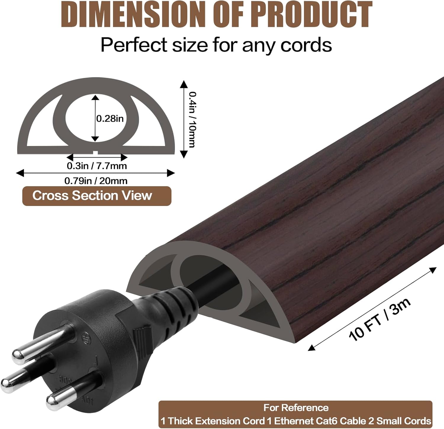 Floor Cord Cover Self Adhesive Cord Hider,10FT Cable Management, Extension Strip Protector for Wires, Prevent Cable Trips for Offices, Gyms, Exhibitions Cavity:0.3"(W) x 0.28"(H) Black Wood