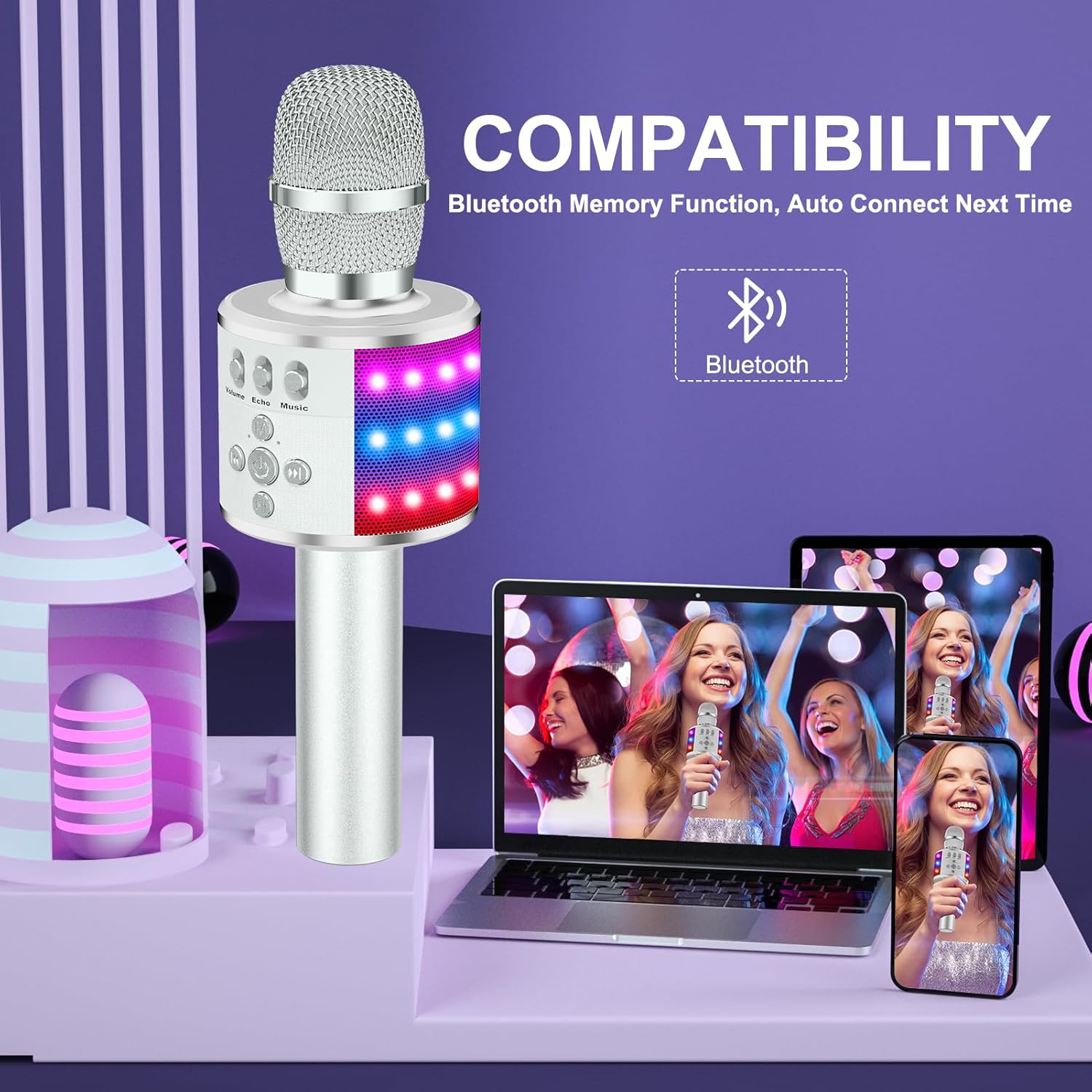 BONAOK Karaoke Microphone for Kids & Adults - Bluetooth Microphones Singing Mic with Disco Lights, Echo Effect, Built-in Speaker Portable Karaoke Player for Party Travel Gifts Q78(Silver)