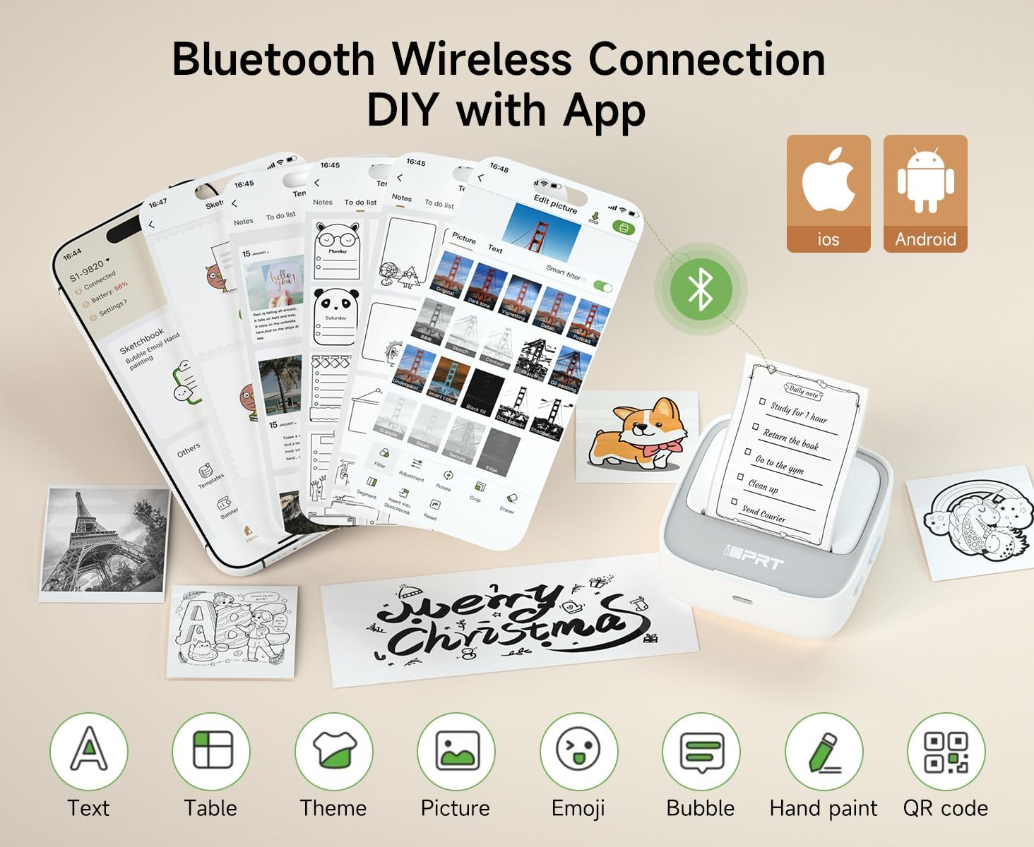 iDPRT Portable Sticker Maker Machine with 1 Roll Sticker Paper, Mini Printer Efficiently and Quickly, Thermal Printer for Study Notes, Pictures, DIY, Label, Free App with Multiple Templates, Grey