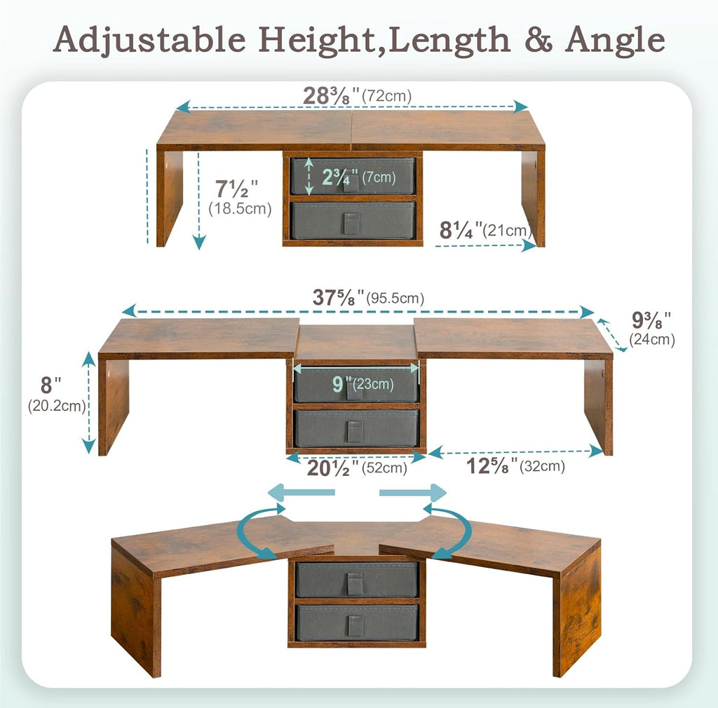 TEAMIX Dual Monitor Stand Riser with 2 Drawers - Length and Angle Adjustable 3 Shelf Monitor Riser with Storage Desk Organizer Large Monitor Stand for 2 Monitors/Laptop/PC,Screen/TV Stand Riser